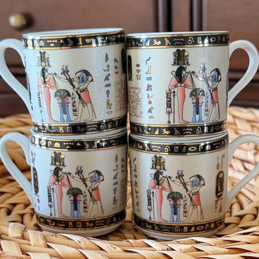 Fathi Mahmoud hieroglyphics Vintage Egyptian Themed Ceramic Mugs cup bundle rare